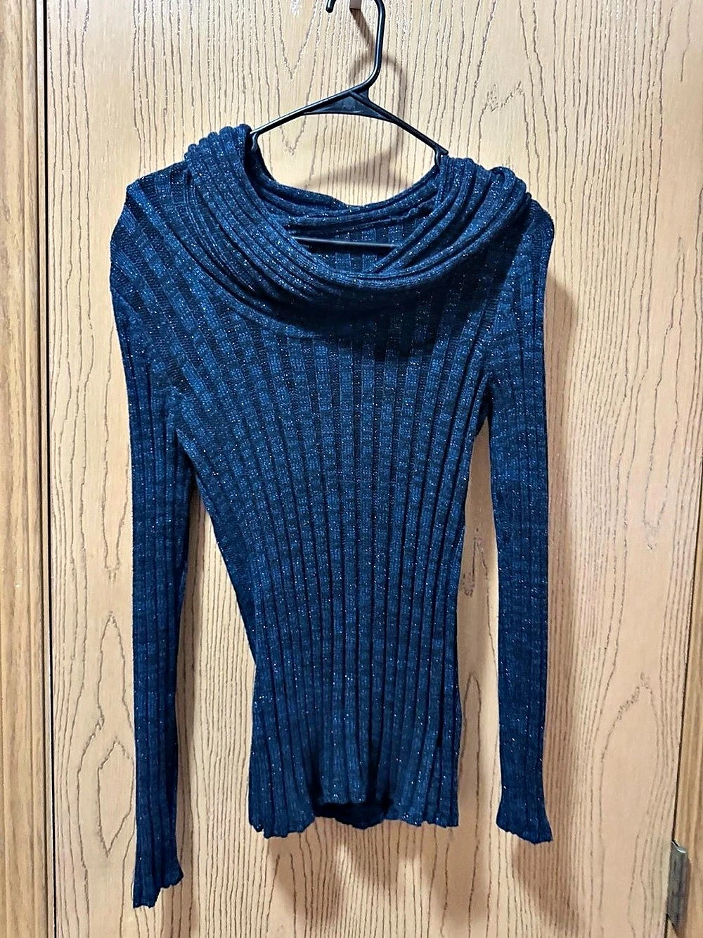 Blue Cowl Neck Ribbed Sweater